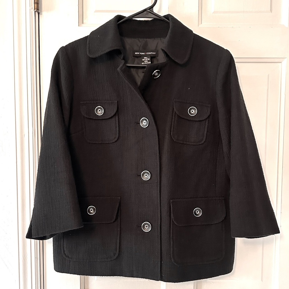 New‎ York & Company Womens Black Cotton Blend 3/4 Sleeve Button Front Jacket M